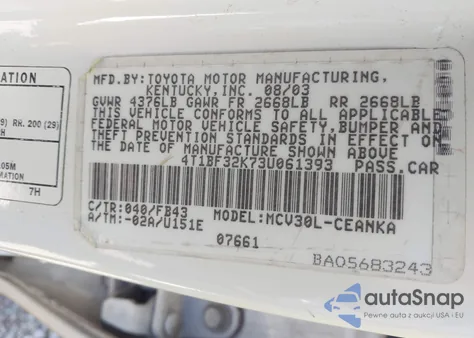 2003 Toyota Camry Le V6 from USA, damaged, VIN 4T1BF32K73U061393